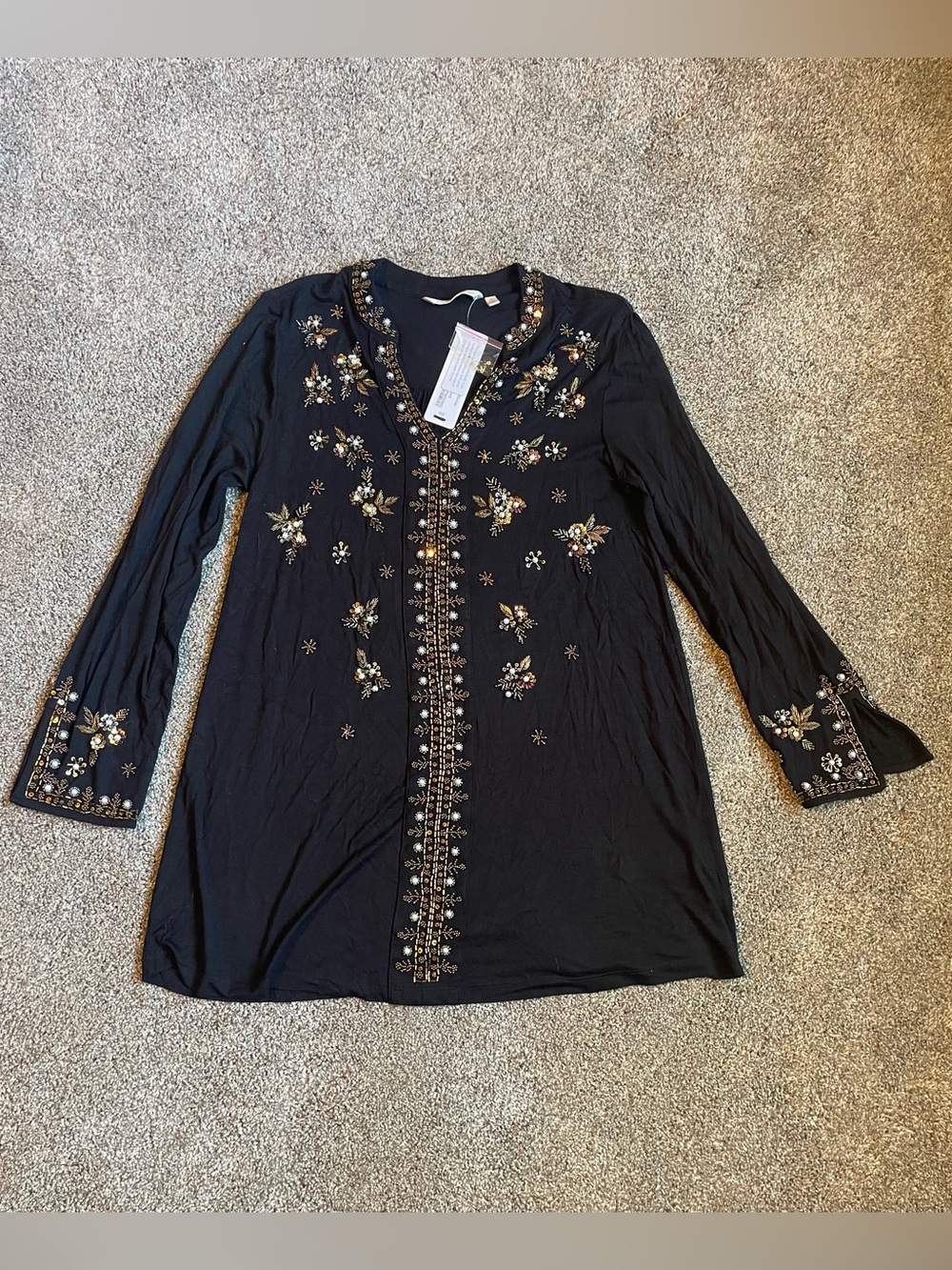 NWT Soft Surroundings Embellished Black Women's Tunic Top w Gold Accents Small